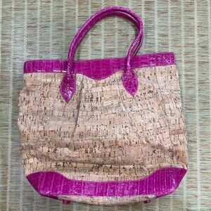 Nancy Gonzalez Cork Pink Alligator Crocodile Skin Trim Tote Bag